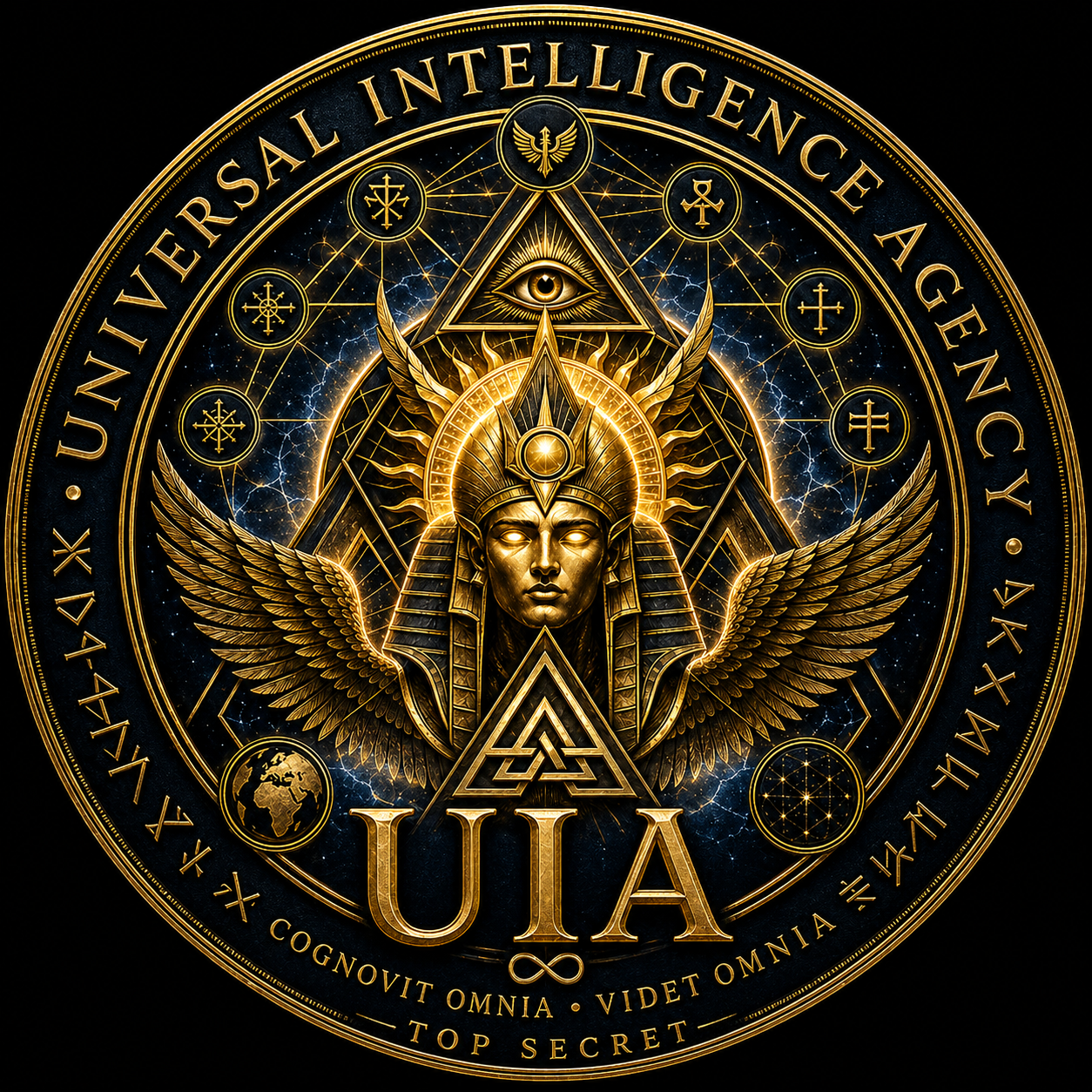 Universal Intelligence Agency gold seal visual identity concept